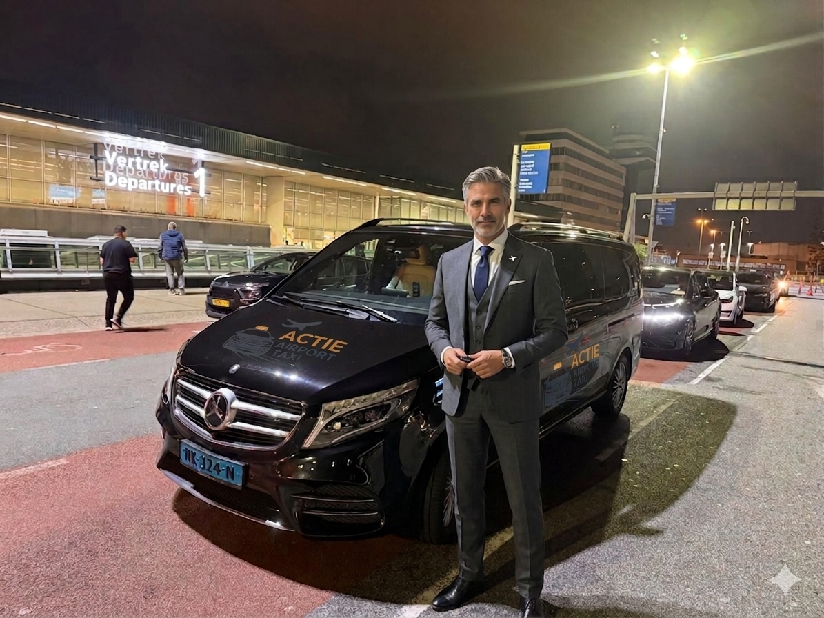 Chauffeur met Mercedes V-Klasse bij Schiphol Vertrekhal