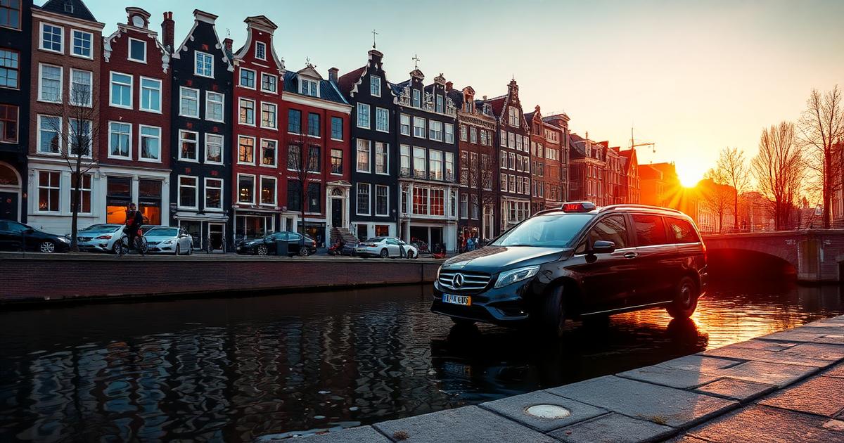 Taxi rijdt langs de Amsterdamse grachten bij zonsopgang