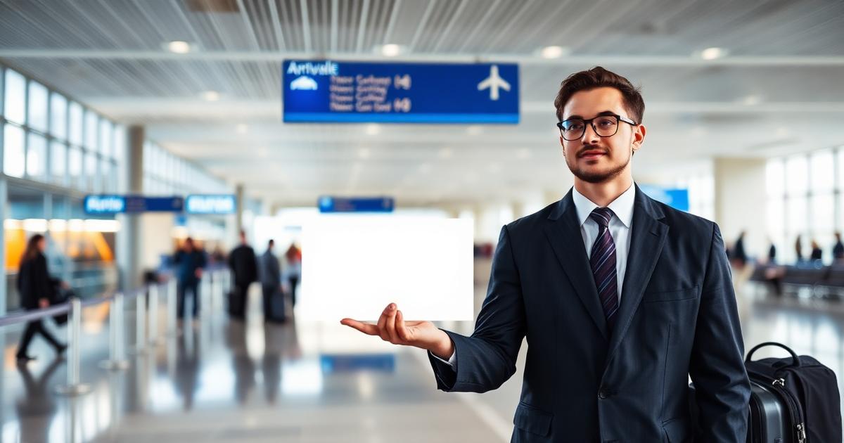 Chauffeur wacht met naambord bij het ophaalpunt in de aankomsthal