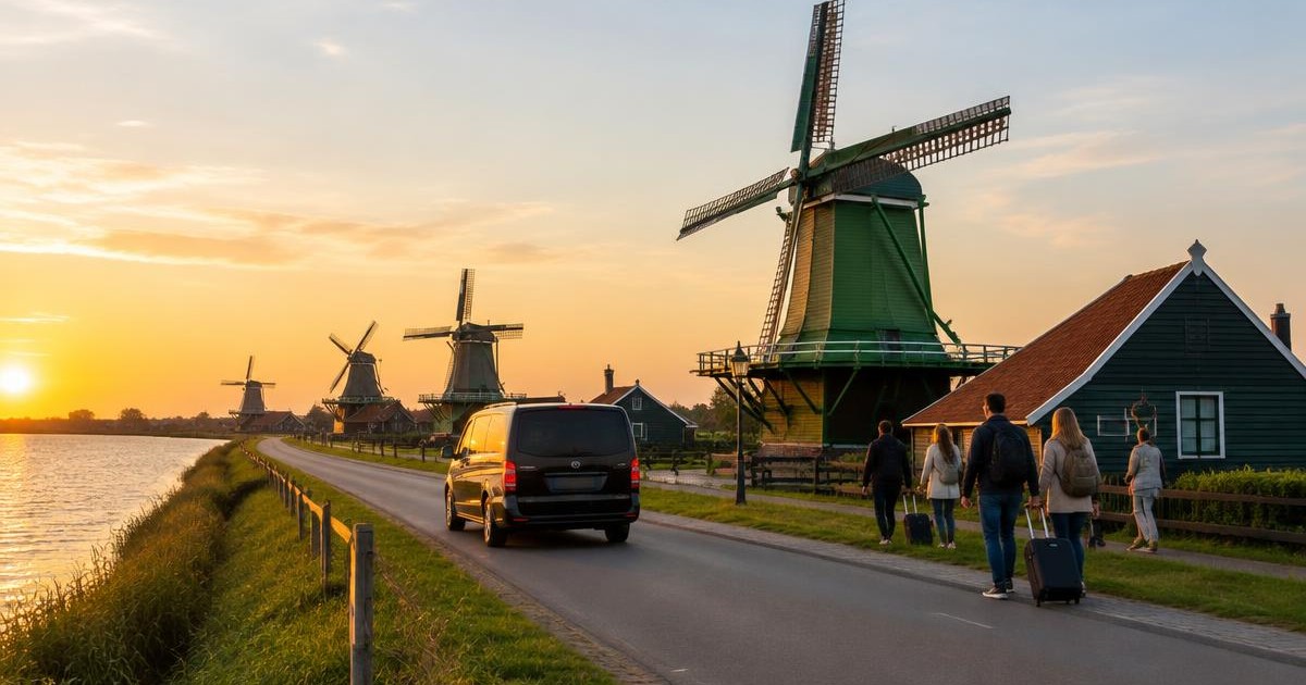 Taxibus rijdt over de weg langs Nederlandse windmolens