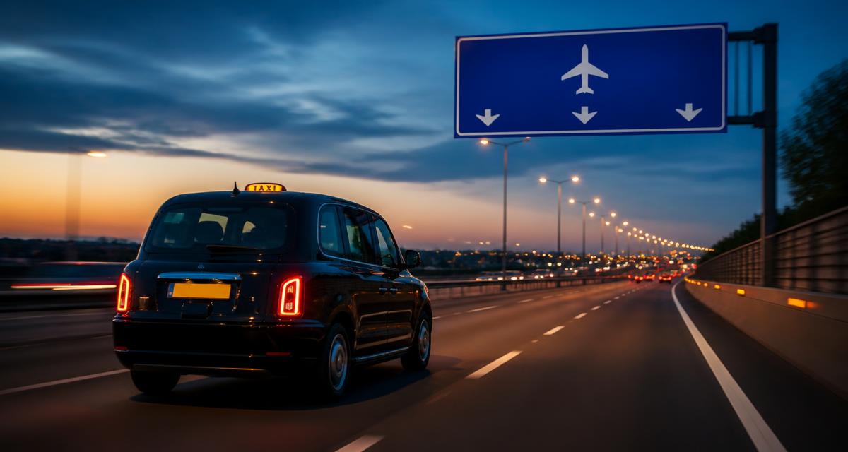 Taxi op de snelweg richting luchthaven bij schemering onder een blauw luchthavenbord