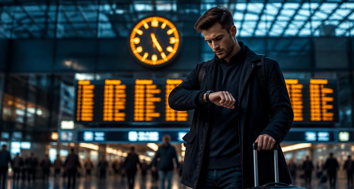 Reiziger kijkt op zijn horloge onder de klok en vertrekborden in de luchthavenhal