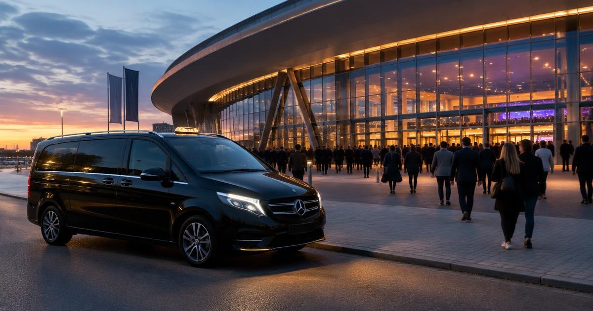 Taxibus wacht bij een Nederlandse evenementenlocatie