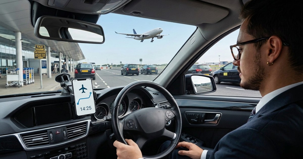 Chauffeur controleert de aankomst van een vlucht vanuit een geparkeerde taxi