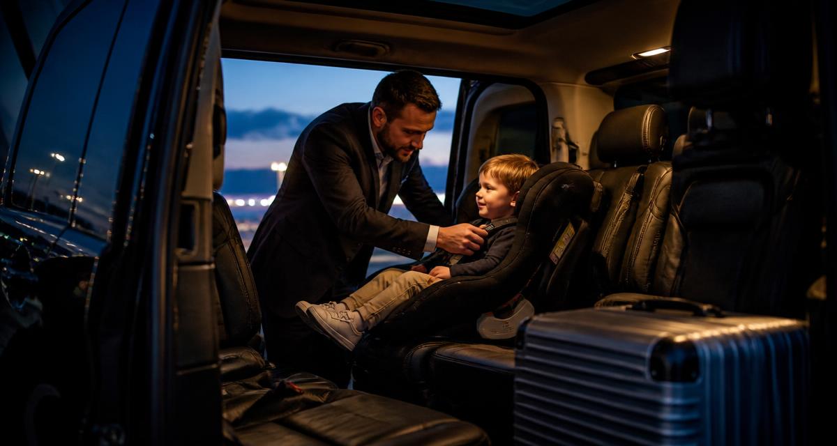 Ouder zet een kind vast in een kinderzitje achter in een taxibus voor vertrek naar Schiphol