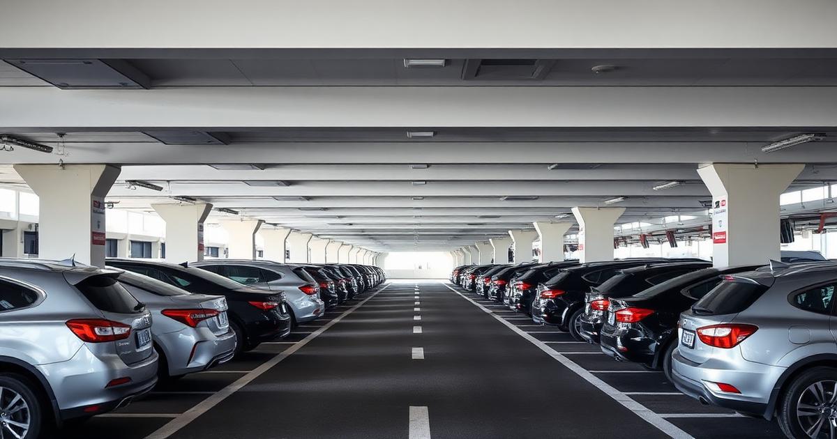 Parkeergarage bij de luchthaven met rijen geparkeerde auto's
