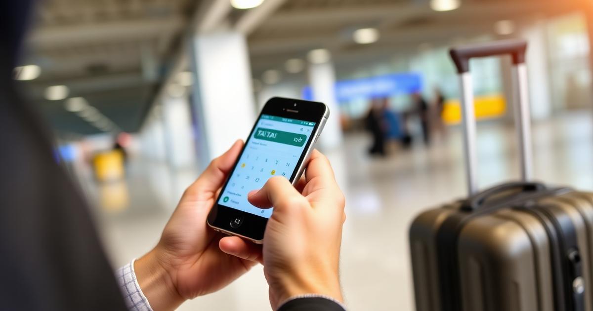 Reiziger berekent de vaste taxiprijs naar Schiphol op zijn smartphone