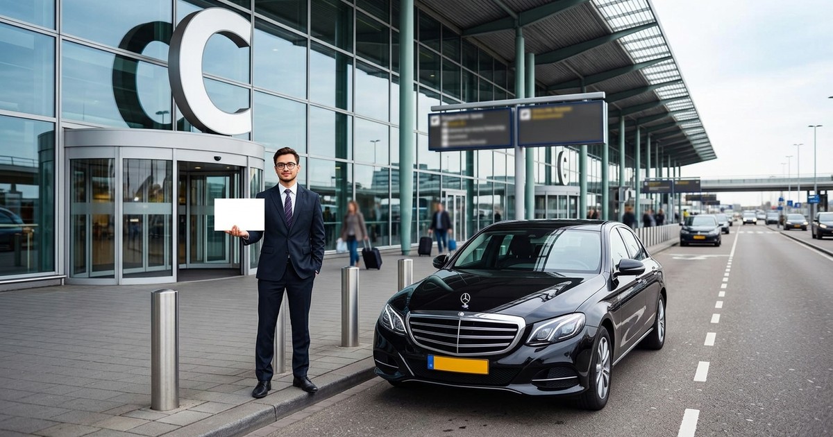 Chauffeur met zwarte taxi bij Schiphol Vertrekhal 3, Deur C