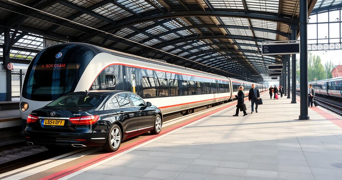 Trein op het perron met een taxi op het stationsplein ervoor