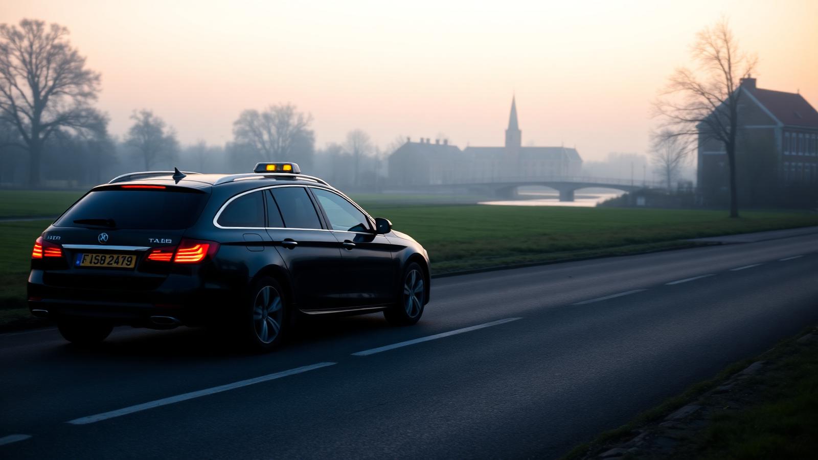 Taxi op een landweg in Noord-Nederland bij zonsopgang, onderweg naar Schiphol